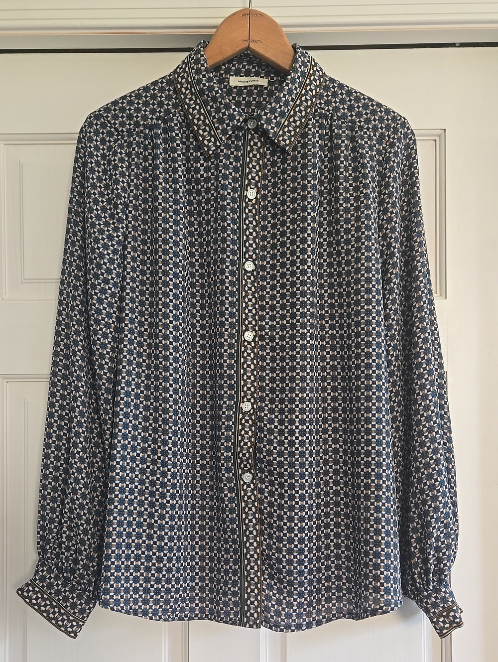 Max Studio Navy, White, Green, And Mustard Geometric Button-Down Blouse